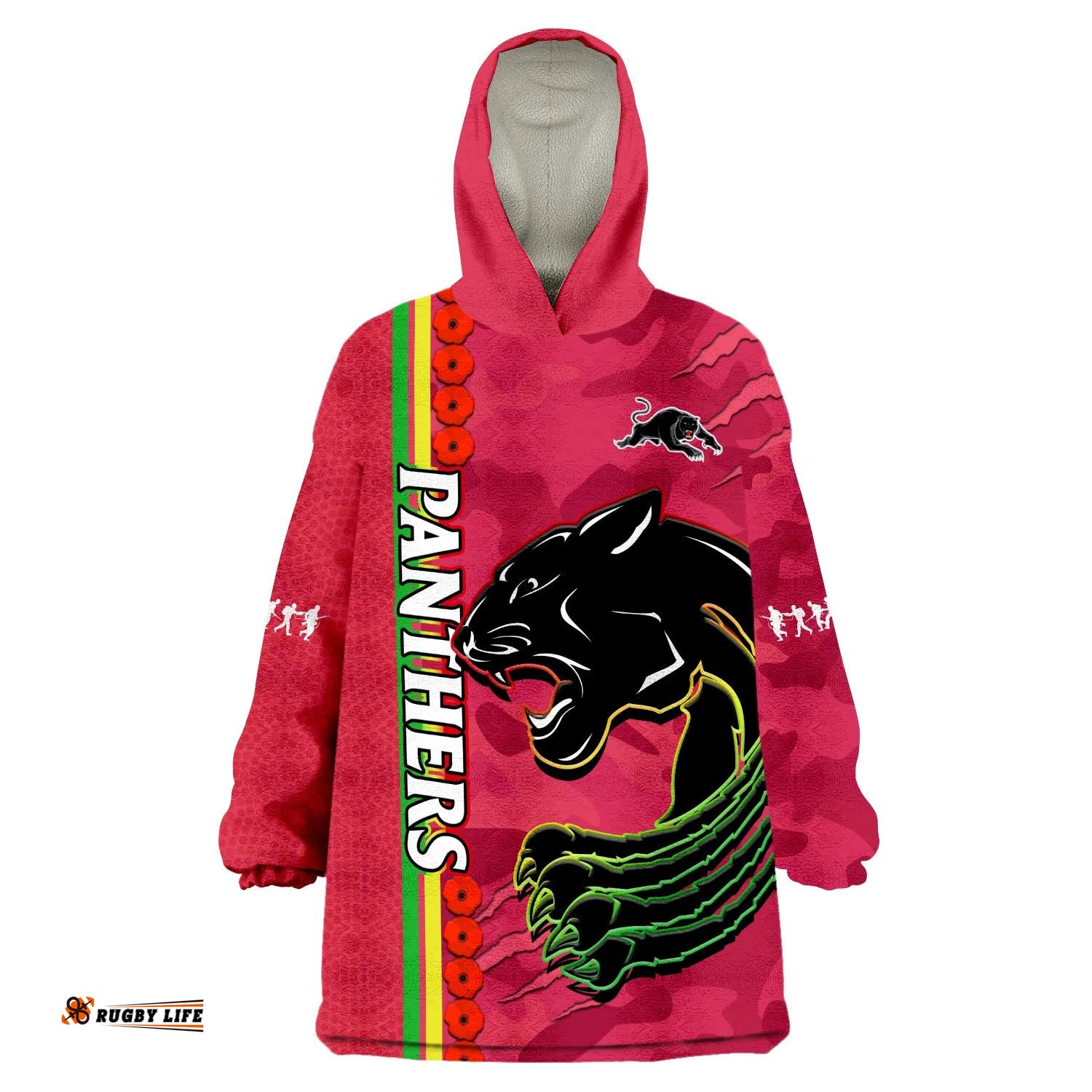 custom text and number panthers rugby anzac wearable blanket hoodie aboriginal mix poppy camouflage pink
