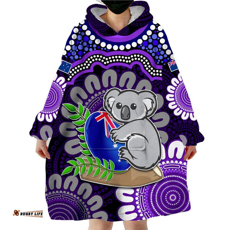 custom personalised australia koala aboriginal wearable blanket hoodie koala hugging rugby ball purple