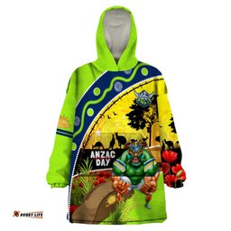 raiders rugby anzac day wearable blanket hoodie green machine mascot rosemary starry night