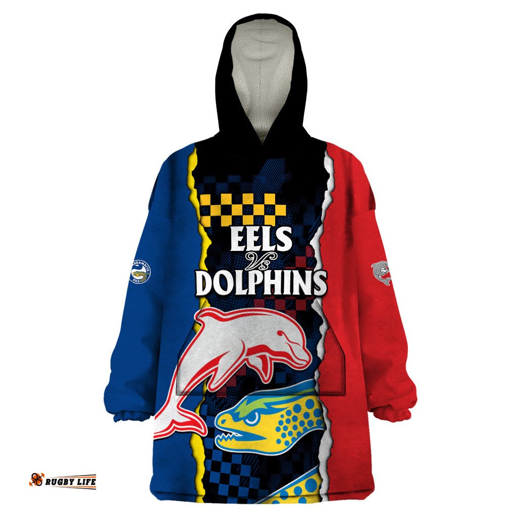 custom text and number nrl combine dolphins and parra eels wearable blanket hoodie simple style