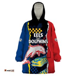 custom text and number nrl combine dolphins and parra eels wearable blanket hoodie simple style