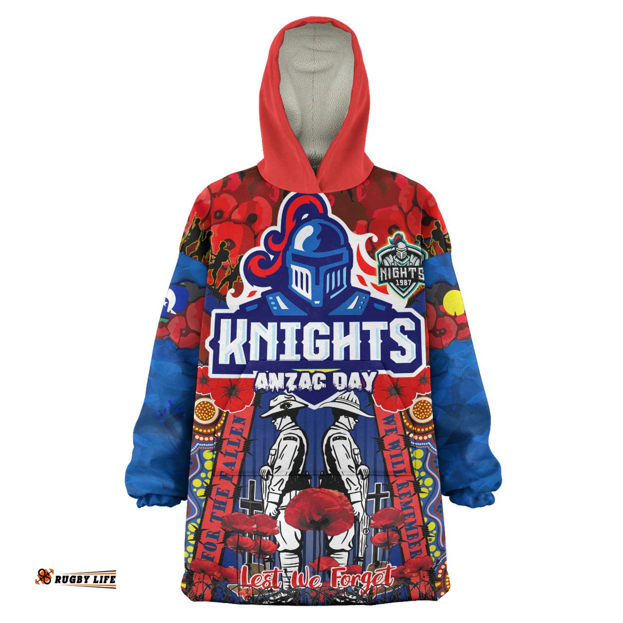 Newcastle Knights Anzac Snug Hoodie - Remembrance Indigenous Newcastle Knights With Poppy Flower Oodie Blanket