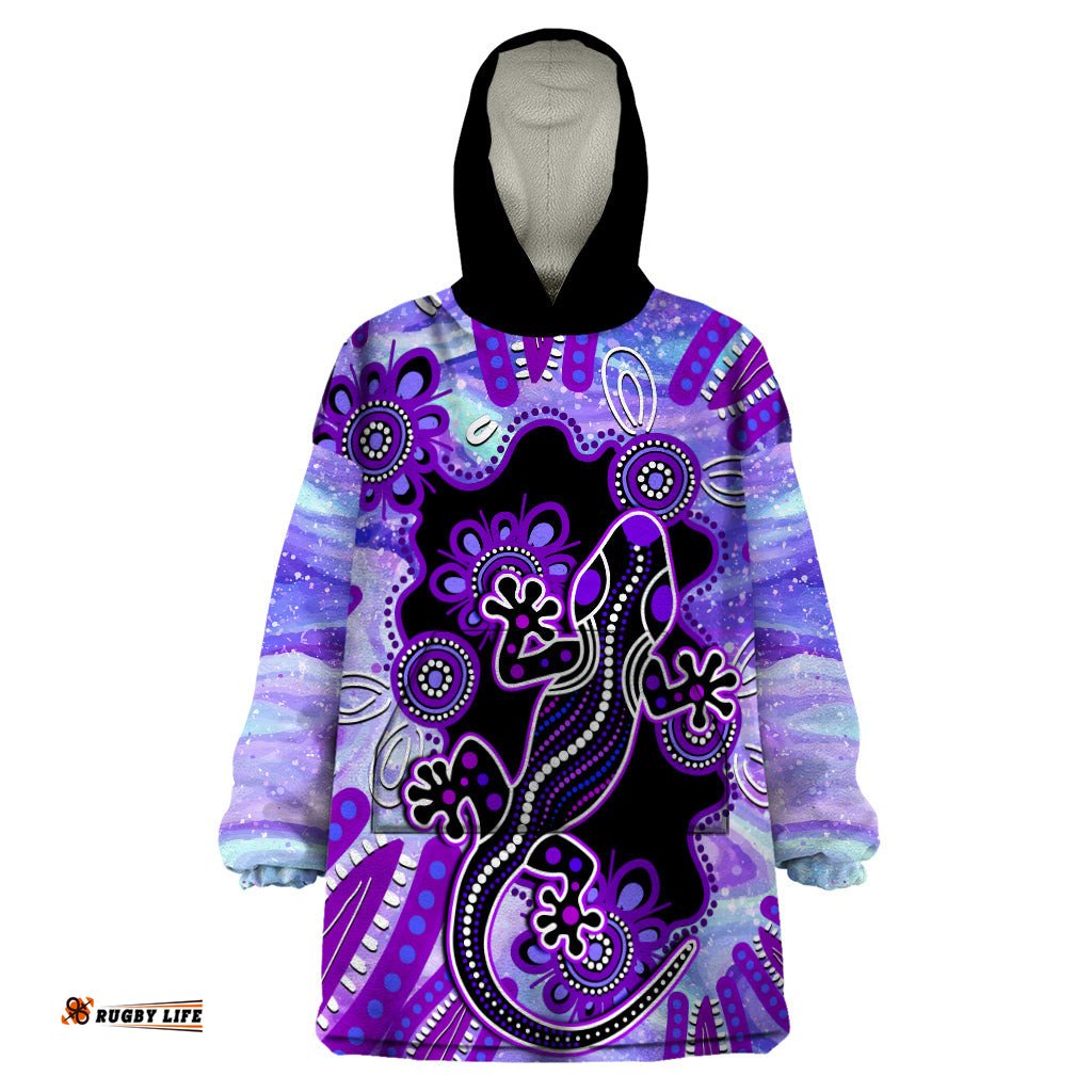 australia opal wearable blanket hoodie aussie lizard with aboriginal art purple