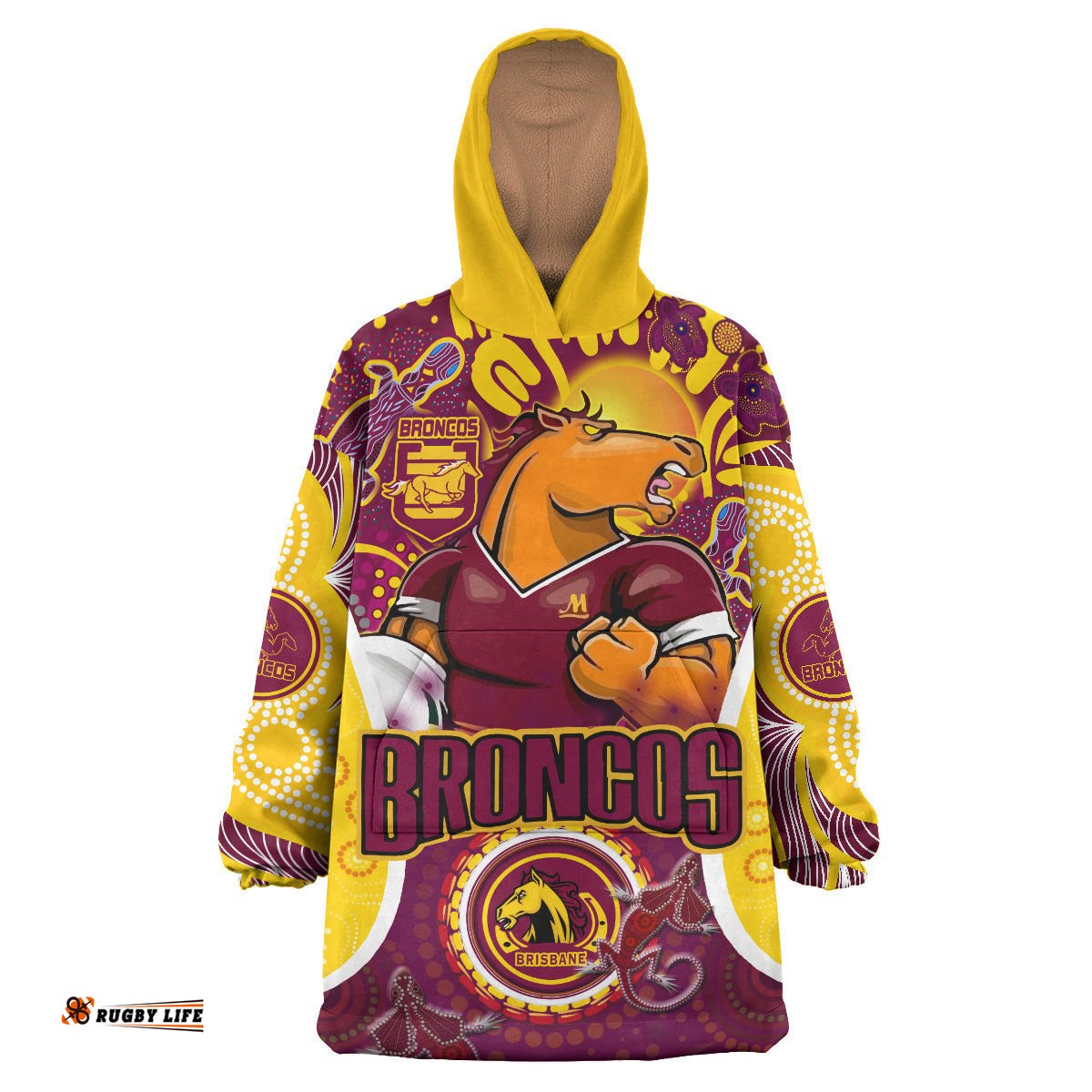 broncos rugby snug hoodie custom brisbane broncos mascot with aboriginal art personalised player and number oodie blanket
