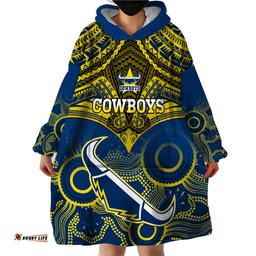 cowboys rugby wearable blanket hoodie aboriginal mix polynesian pattern