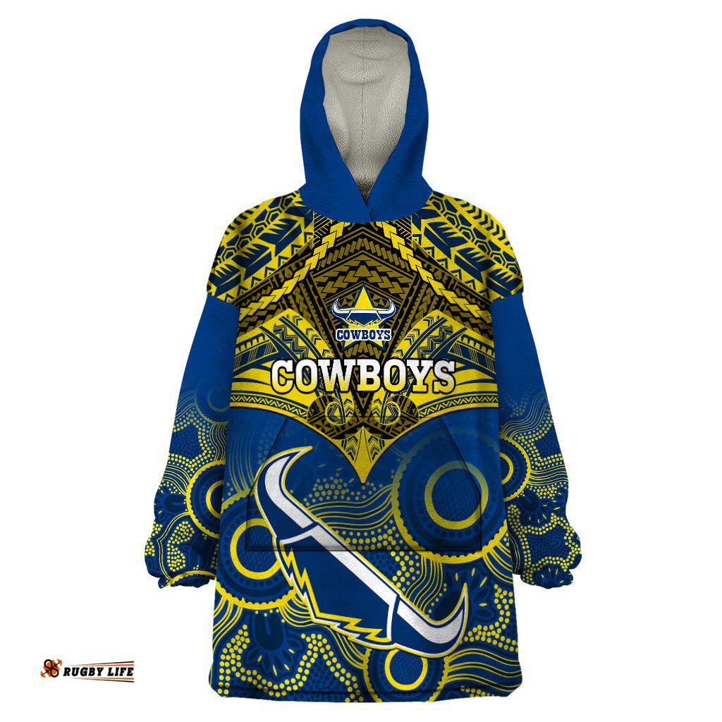 cowboys rugby wearable blanket hoodie aboriginal mix polynesian pattern