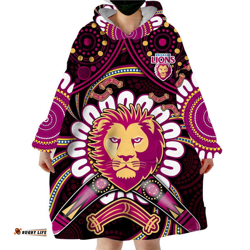brisbane lions football wearable blanket hoodie boomerang indigenous dots