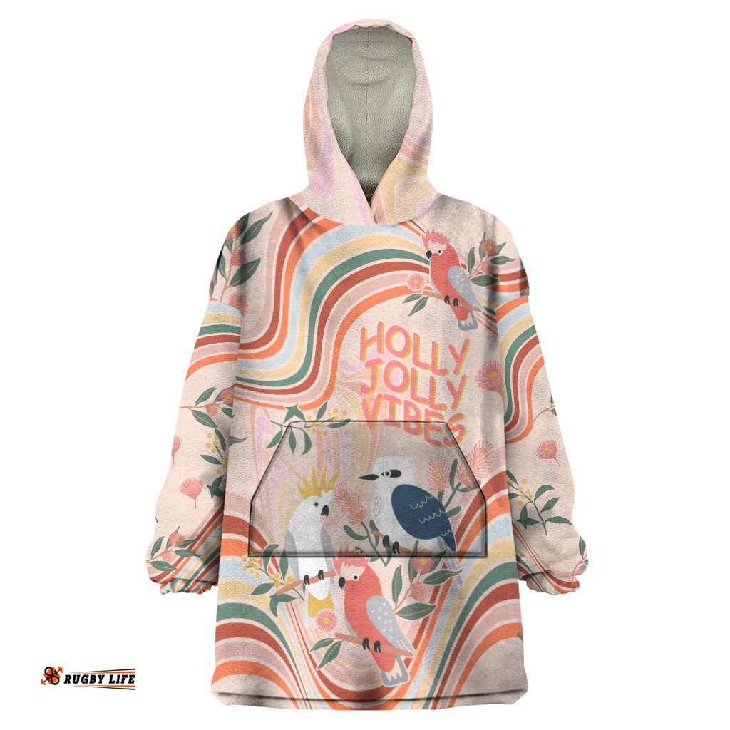 australia hippie christmas wearable blanket hoodie cockatoo kookaburra with wattle pink peach style