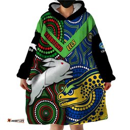 custom text and number rabbitohs mix eels rugby wearable blanket hoodie souths and parra indigenous