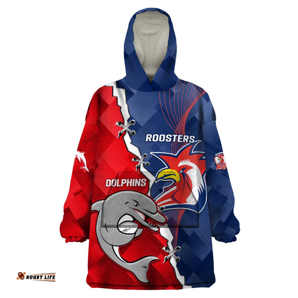 personalised dolphins and roosters rugby wearable blanket hoodie nrl sporty style