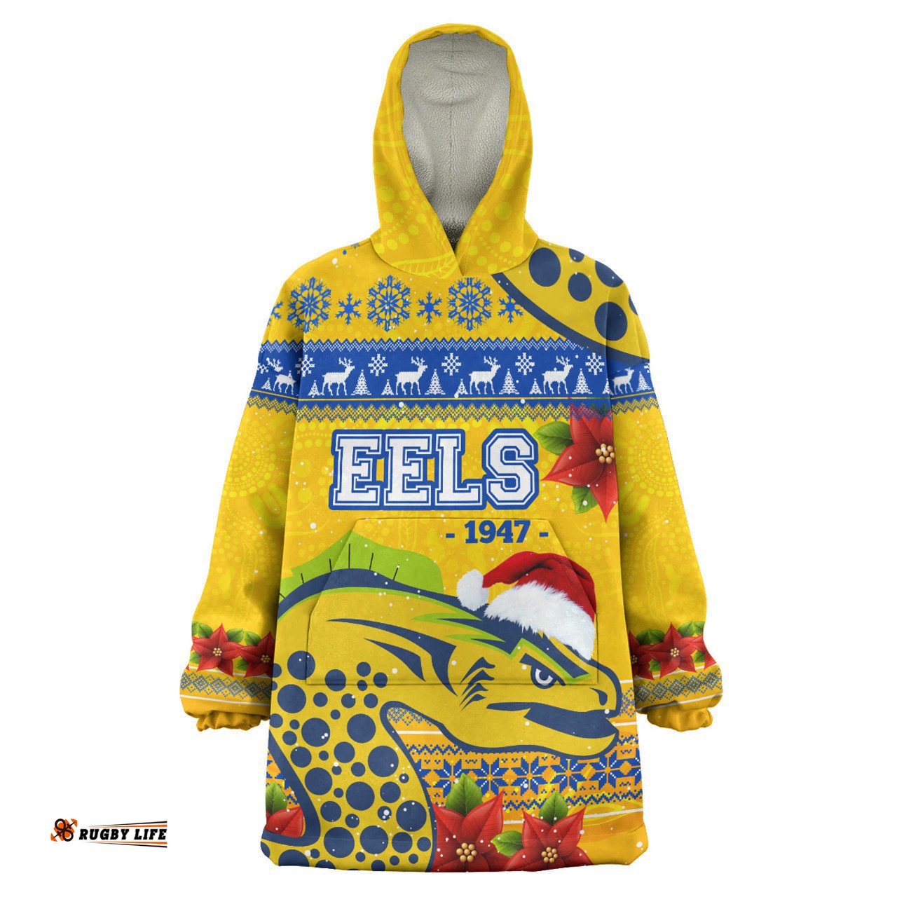 Parramatta Eels Christmas Snug Hoodie - Custom Parramatta Eels Aboriginal Inspired and Poinsettia Xmas Oodie Blanket