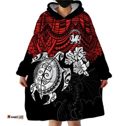 custom dragons rugby wearable blanket hoodie red v hibiscus and turtle with polynesian pattern