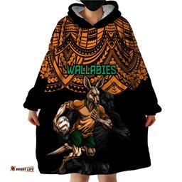cusrom australia wallabies rugby wearable blanket hoodie hibiscus and turtle with polynesian pattern