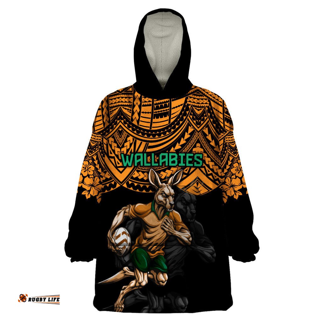 cusrom australia wallabies rugby wearable blanket hoodie hibiscus and turtle with polynesian pattern