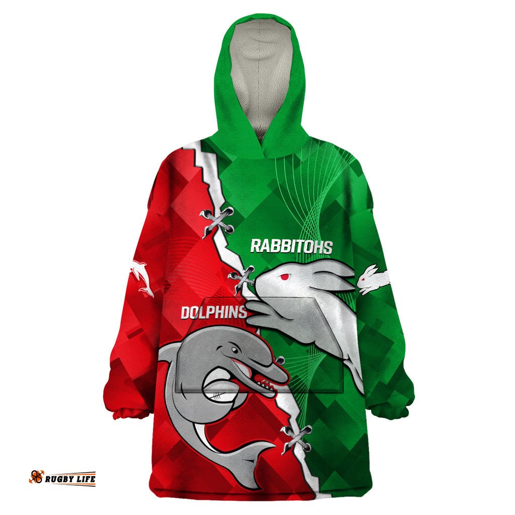 custom personalised rabbitohs mix dolphins rugby wearable blanket hoodie sporty style