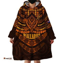 custom wallabies rugby wearable blanket hoodie polynesian and aboriginal special orange version