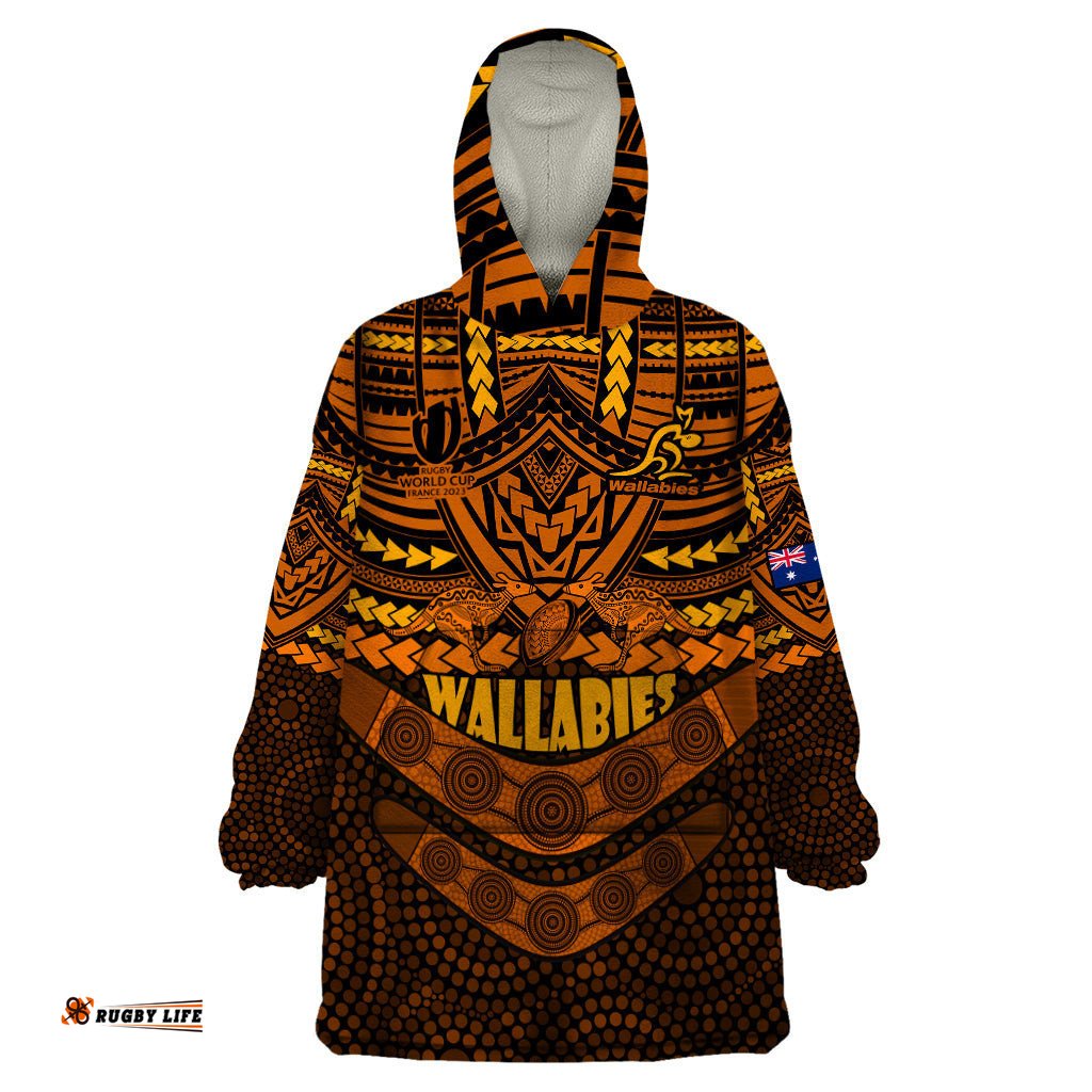 custom wallabies rugby wearable blanket hoodie polynesian and aboriginal special orange version