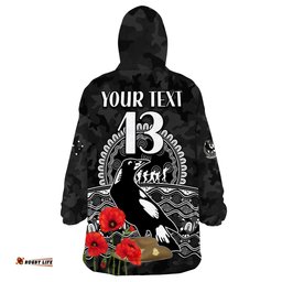custom text and number magpies football anzac day wearable blanket hoodie speical poppy mix aboriginal