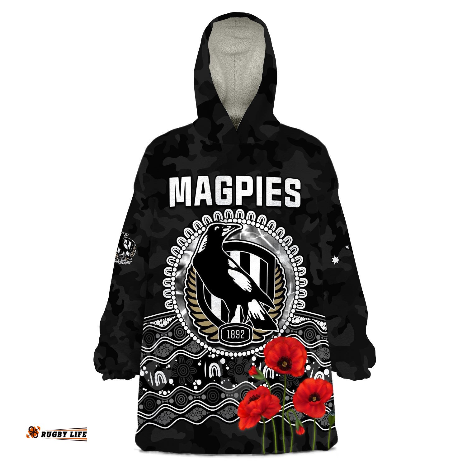 custom text and number magpies football anzac day wearable blanket hoodie speical poppy mix aboriginal