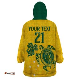 custom australia soccer wearable blanket hoodie socceroos hibiscus and turtle with polynesian pattern