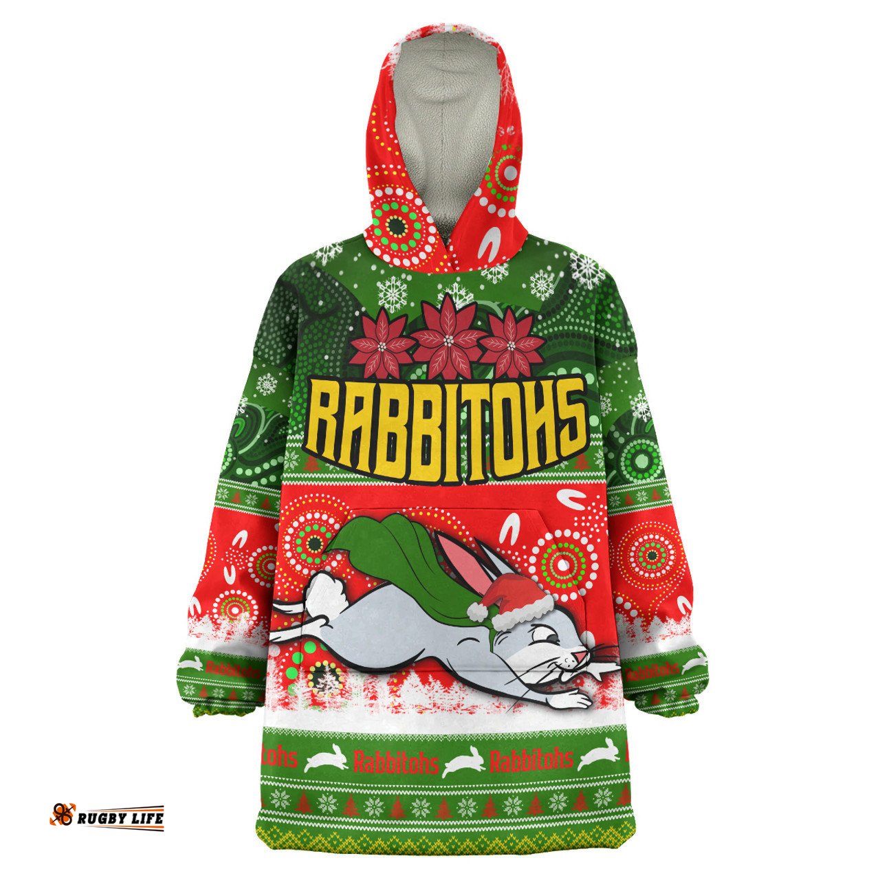 South Sydney Rabbitohs Snug Hoodie - South Sydney Rabbitohs Ugly Christmas And Aboriginal Inspired Patterns Oodie Blanket