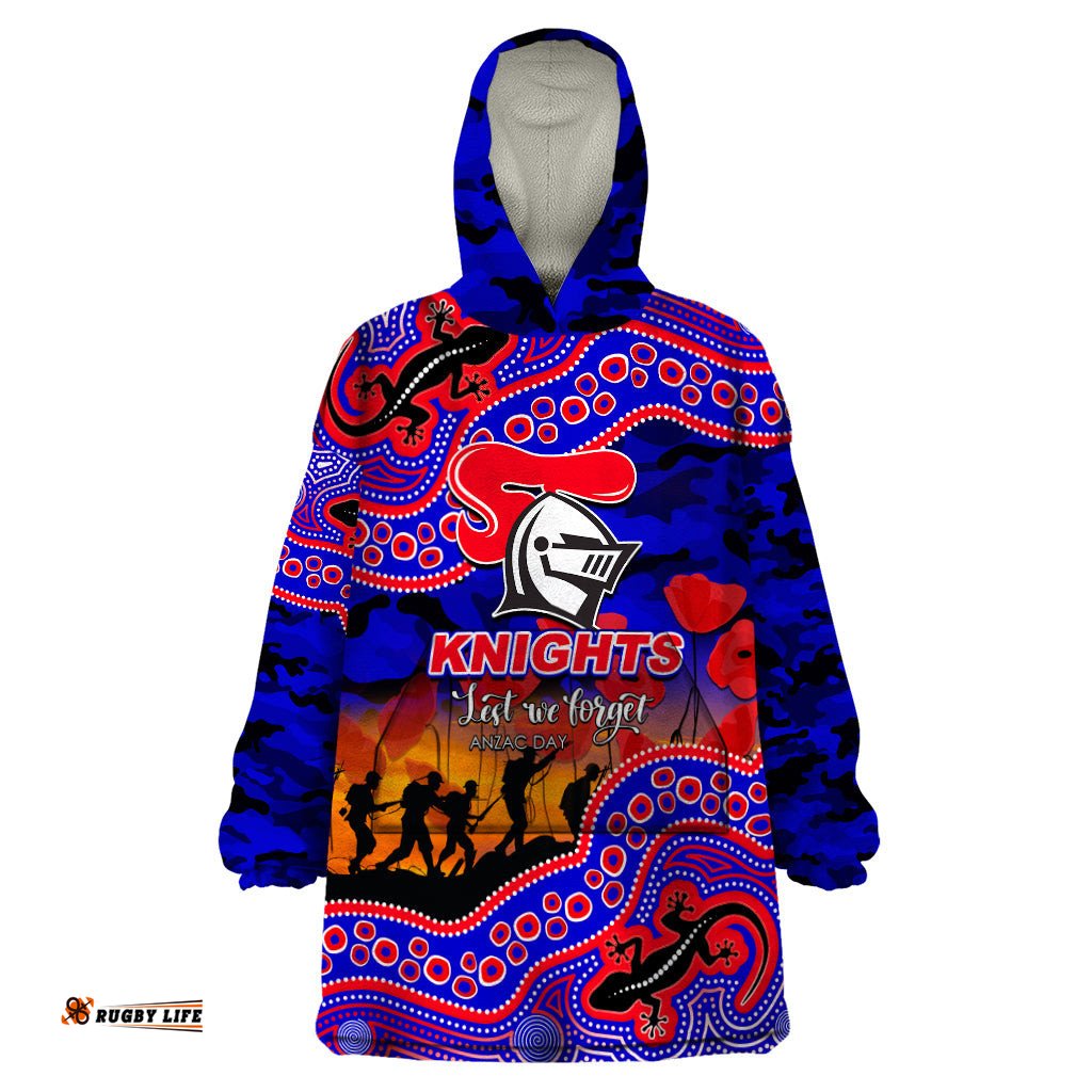 custom personalised anzac day nrl knights wearable blanket hoodie aboriginal lizard patterns