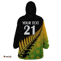 custom australia wallabies and aotearoa rugby wearable blanket hoodie kangaroo black fern maori gradient vibe