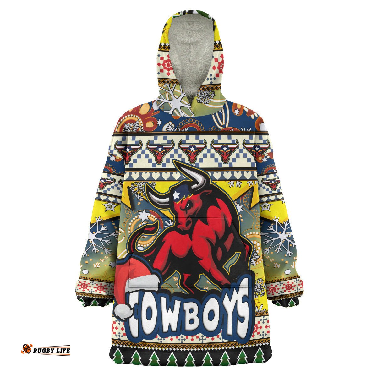 cowboys rugby christmas snug hoodie custom xmas cowboys christmas balls snowflake with aboriginal patterns wearable blanket hoodie