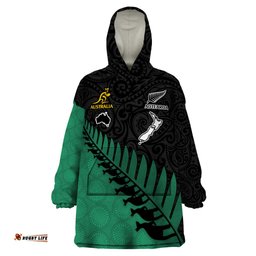 australia wallabies and aotearoa rugby wearable blanket hoodie kangaroo black fern maori green vibe