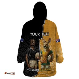 personalised new zealand and australia rugby wearable blanket hoodie 2024 all black wallabies mascots together
