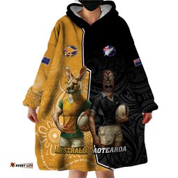 personalised new zealand and australia rugby wearable blanket hoodie 2024 all black wallabies mascots together