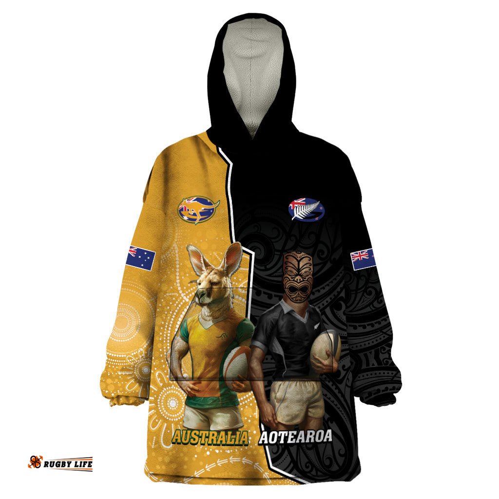 personalised new zealand and australia rugby wearable blanket hoodie 2024 all black wallabies mascots together