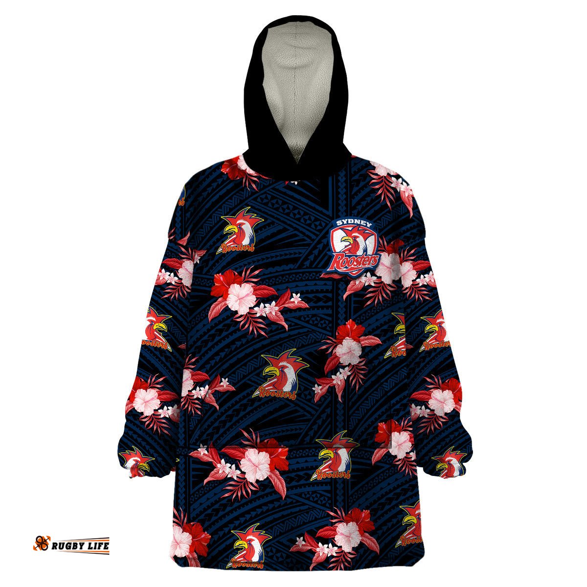 custom text and number roosters rugby wearable blanket hoodie polynesian tribal mix tropical hawaiian style