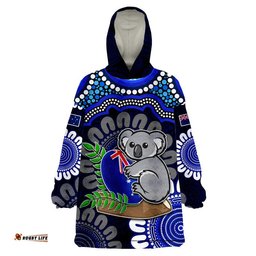 custom personalised australia koala aboriginal wearable blanket hoodie koala hugging rugby ball blue