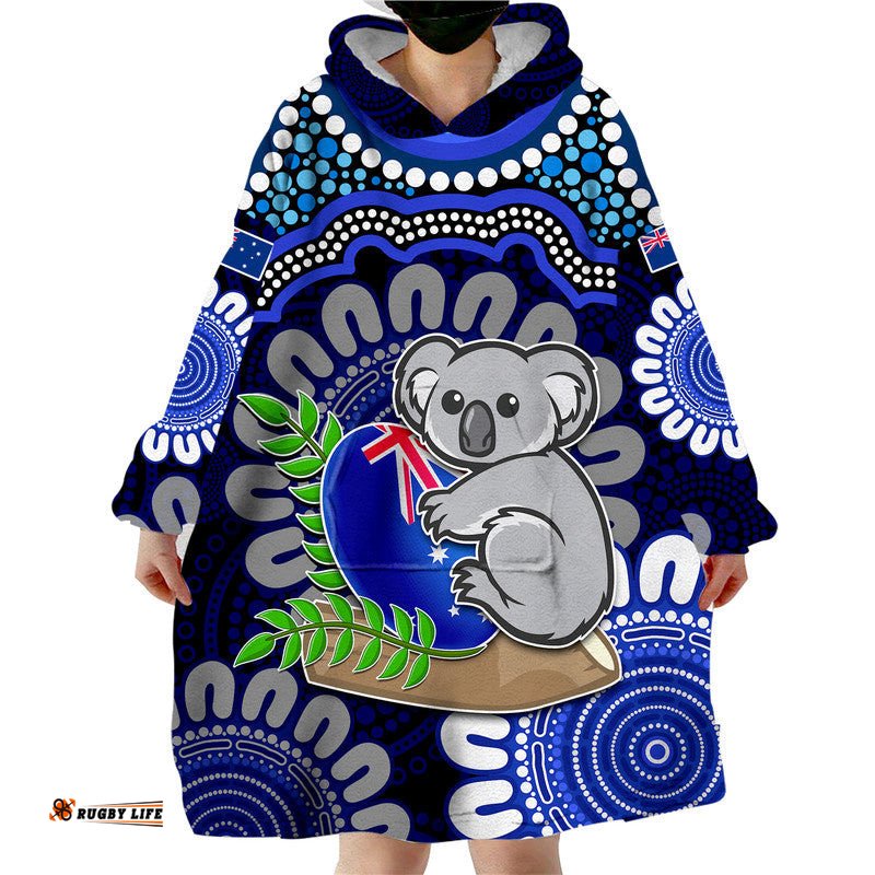 custom personalised australia koala aboriginal wearable blanket hoodie koala hugging rugby ball blue