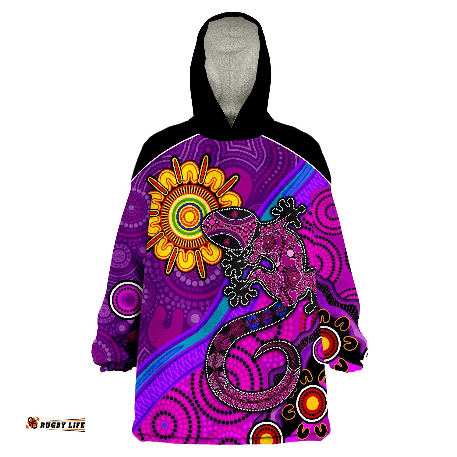 australia lizard and sun aboriginal art purple wearable blanket hoodie