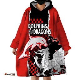 custom text and number nrl combine dolphins and dragons wearable blanket hoodie sporty style