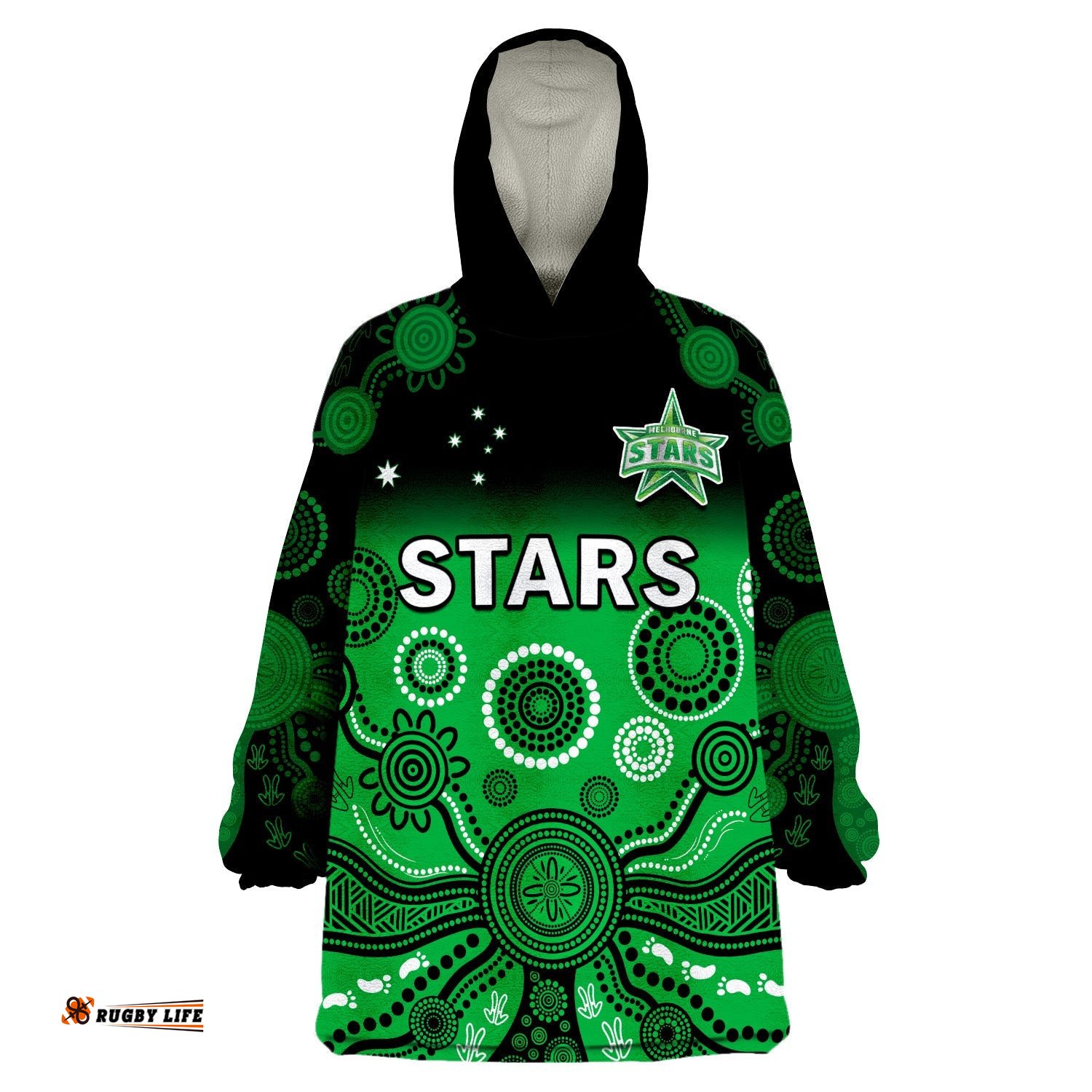 custom text and number stars cricket wearable blanket hoodie melbourne team green gradient aboriginal art