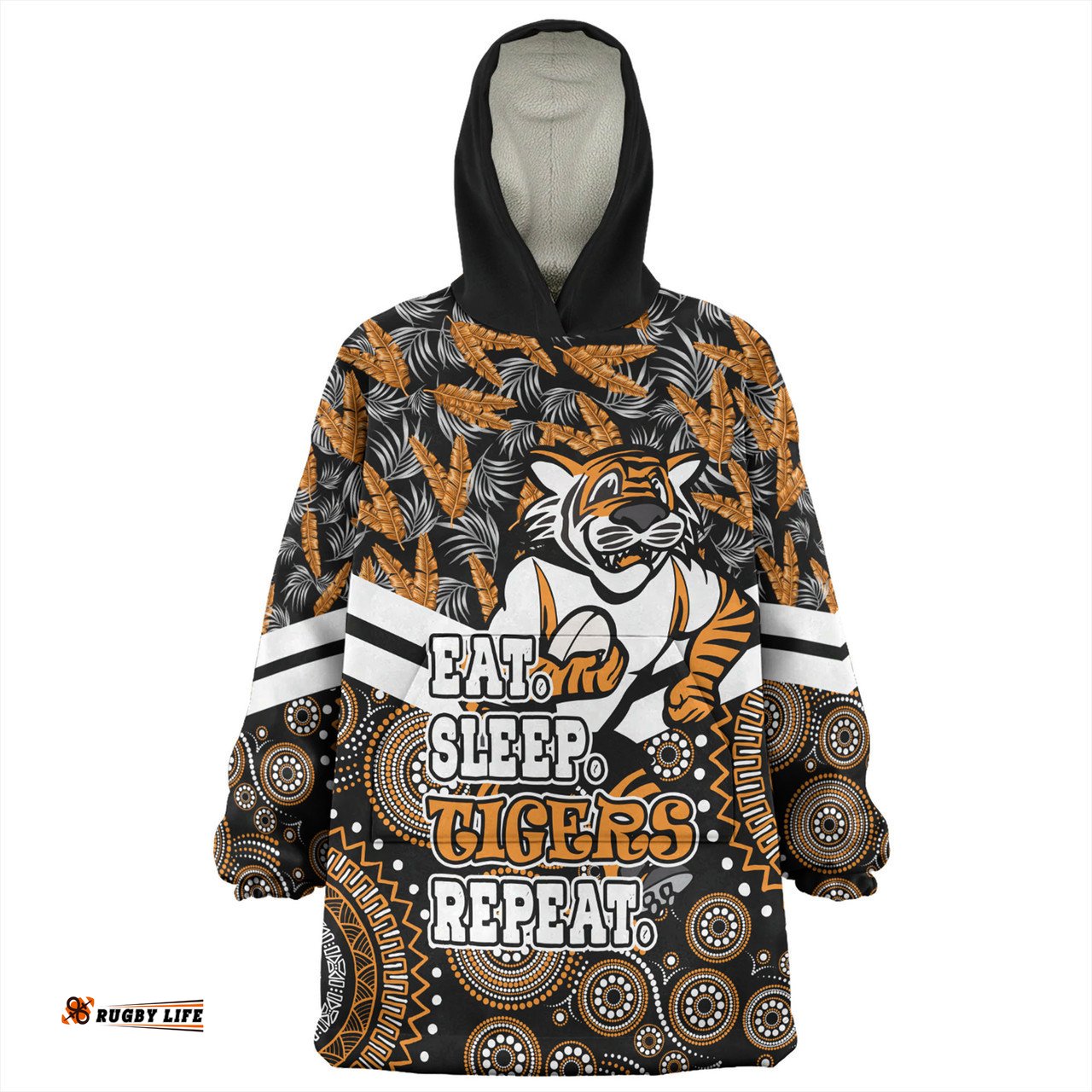 Wests Tigers Snug Hoodie - Tropical Patterns And Dot Painting Eat Sleep Rugby Repeat