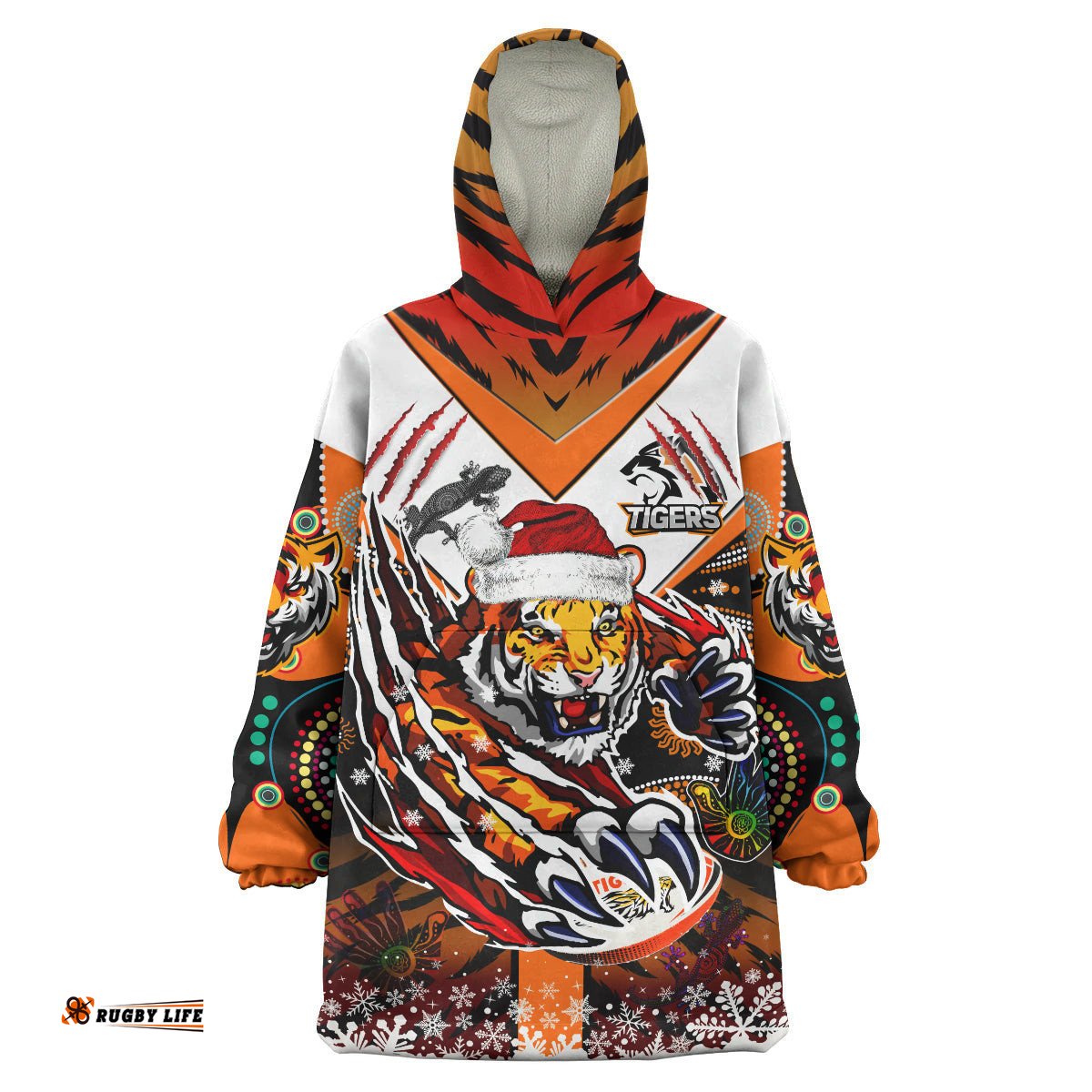 tigers rugby christmas snug hoodie custom merry tigers christmas indigenous wearable blanket hoodie