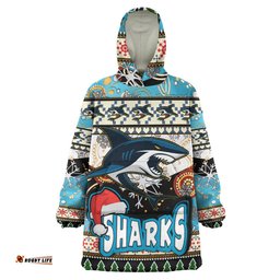 sharks rugby christmas snug hoodie custom xmas sharks christmas balls snowflake with aboriginal patterns wearable blanket hoodie