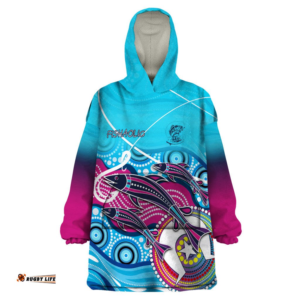australia fishing wearable blanket hoodie fishaholic with the dhari symbol and aboriginal pattern dt02
