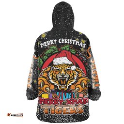 Wests Tigers Christmas Custom Snug Hoodie - Merry Christmas Our Beloved Team With Aboriginal Dot Art Pattern Snug Hoodie