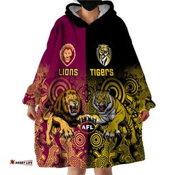 personalised richmond and brisbane lions football wearable blanket hoodie indigenous art version