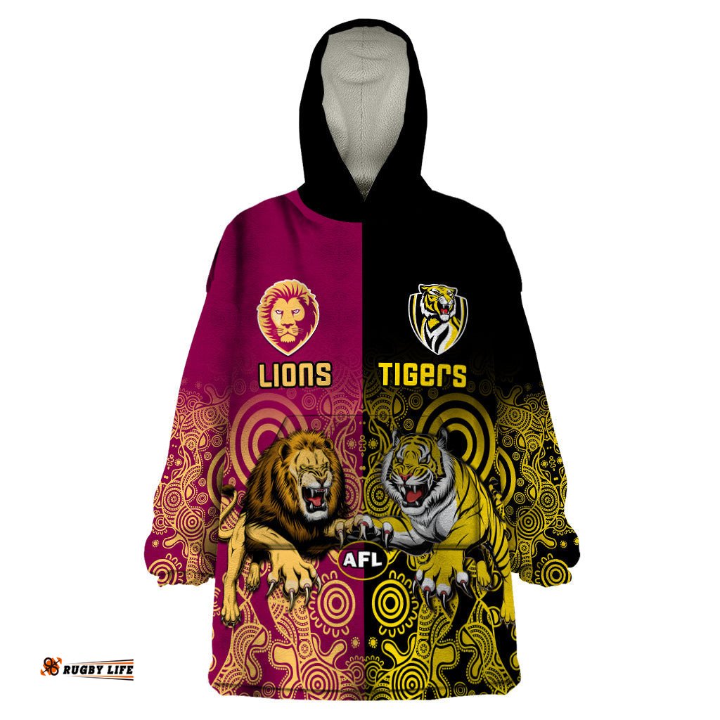 personalised richmond and brisbane lions football wearable blanket hoodie indigenous art version