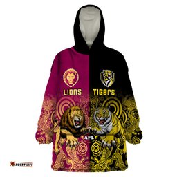personalised richmond and brisbane lions football wearable blanket hoodie indigenous art version