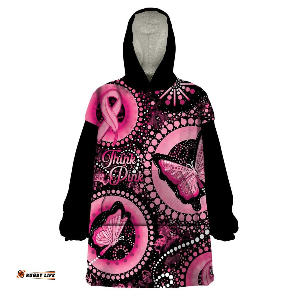 personalised australia indigenous wearable blanket hoodie breast cancer ribbon think pink black version