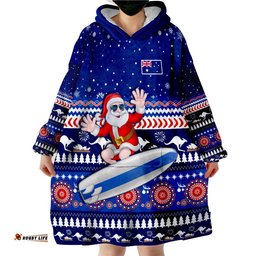 custom text and number australia christmas aussie aboriginal santa claus is surfing with kangaroo wearable blanket hoodie