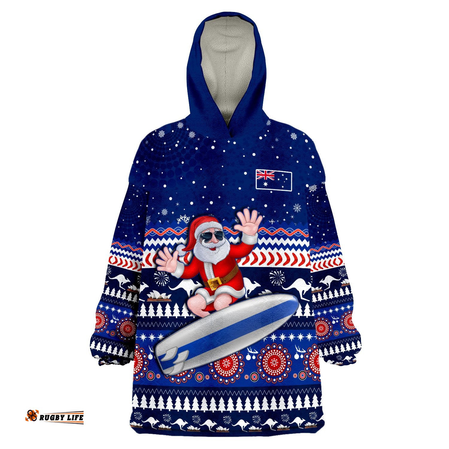 custom text and number australia christmas aussie aboriginal santa claus is surfing with kangaroo wearable blanket hoodie