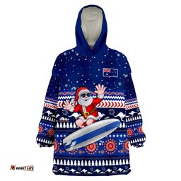 custom text and number australia christmas aussie aboriginal santa claus is surfing with kangaroo wearable blanket hoodie